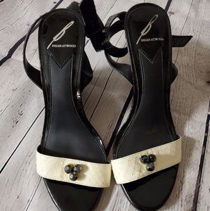 Brian Atwood black and cream wedges